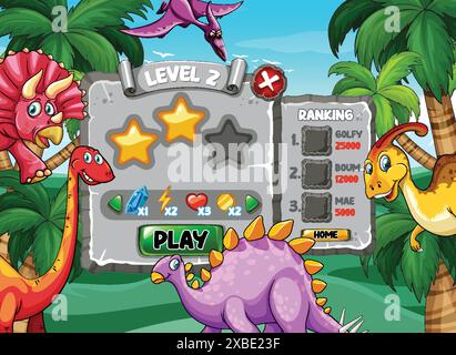 Colorful dinosaurs in a game level interface Stock Vector