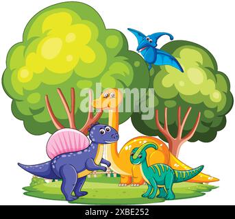 Colorful dinosaurs in a lush forest Stock Vector