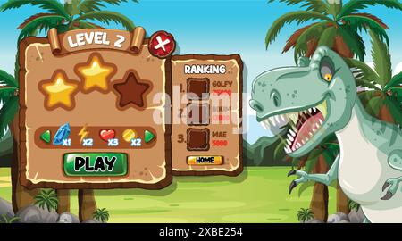 Dinosaur-themed game level with ranking board Stock Vector