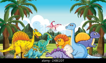Dinosaurs in a vibrant, lush jungle setting Stock Vector