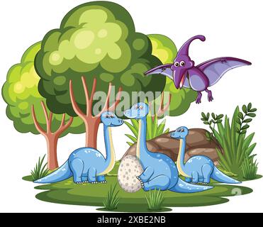 Dinosaurs with egg in lush forest Stock Vector