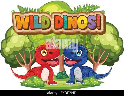 Two colorful dinosaurs in a lush forest Stock Vector