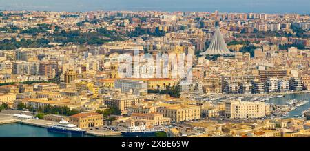 Basilica Santuario Madonna delle Lacrime and Siracusa, Ortigia Island from the air, Sicily, Italy. Isola di Ortigia, coast of Ortigia island at city o Stock Photo