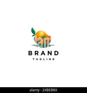 Tropical Mango Island Logo Design. Mango Fruit With Warm Tropical Island Silhouette Inside. Stock Vector