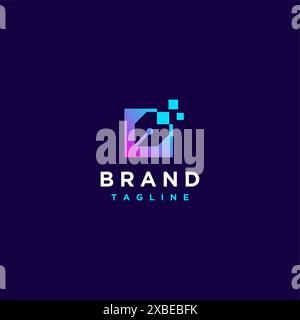 Digital Pen Inside Square Logo Design. Pen Icon In Box With Accented Pixels Digital Logo Design. Stock Vector