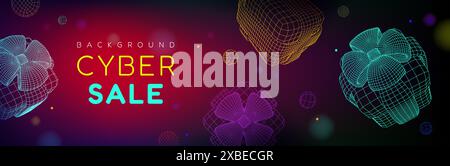 Cyber monday sale and discount promotion horizontal banner with neon glow effect and wireframe flying gift boxes. Vector illustration of futuristic tech poster with digital grid present packages. Stock Vector