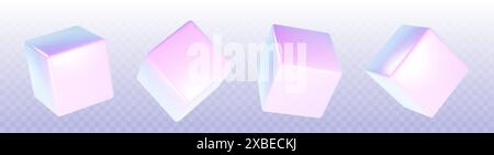 Cube geometric shape in different angle of view with hologram effect. Realistic 3d render vector illustration set of flying metal or glossy plastic square box with iridescent holographic light. Stock Vector