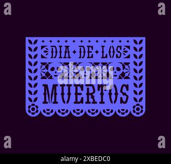 Bunting flag, mexican paper banner with skull, papel picado, paper cut Dia de los Muertos, fiesta decoration for Day of dead, Cinco de Mayo holiday Stock Vector