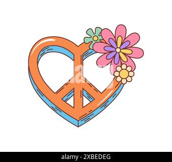 Retro groovy hippie heart with peace symbol and flowers, vector 70s cartoon. Groovy heart with blooming flowers for love and peace, freedom and positive vibes or hippie summer emotion emoji Stock Vector