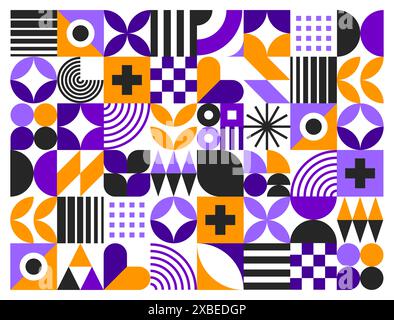 Halloween geometric abstract Bauhaus pattern for holiday, vector background. Halloween horror night and trick or treat party Bauhaus pattern with geometric spiderweb or orange mosaic grid tile Stock Vector