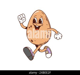 Boiled egg retro cartoon groovy breakfast character walking cheerfully. Isolated vector smiling egg cheerful food personage with expressive eyes, wearing sneakers and embodies playful breakfast vibes Stock Vector
