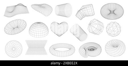 3d Wireframe shapes, geometric figures with grid surface. Heart, semi-sphere, torus and net, cyber globe or spiral. Vector mesh science objects, fractals and graphic forms. Waves, wire constructions Stock Vector
