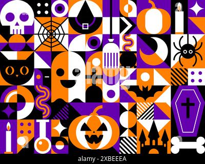 Halloween modern abstract bauhaus geometric pattern, features bold shapes, vibrant colors, and clean lines, merging spooky elements such as skull, pumpkin, ghost and castle, bat, coffin or spider web Stock Vector