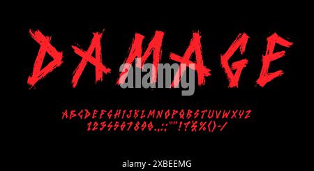 Rock n roll music font, graffiti type, grunge typeface, punk alphabet on black background, vector typography. Handwritten letters and digits of rock n roll font, red paint brush strokes english abc Stock Vector