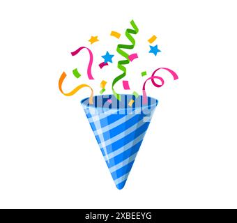 Holiday popper cone, firecracker for birthday party or carnival celebration. Vector blue striped popper or cracker exploding color paper confetti, ribbons, streamers and stars, cartoon firecracker Stock Vector