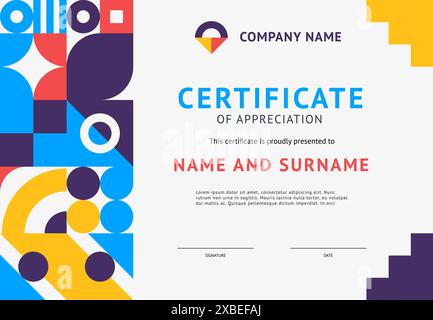 Certificate template with memphis background and abstract geometric shapes in vibrant colors. Vector award, honor diploma, recognition trophy frame with placeholders for name, and signature fields Stock Vector