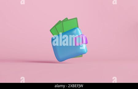 3D illustration of a blue wallet with green dollar bills emerging on pink background Stock Photo