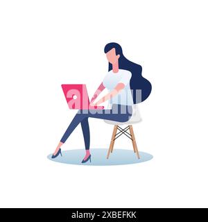 Happy woman sitting on chair and working on her laptop. Concept illustration for working, studying, education, work from home. Stock Vector