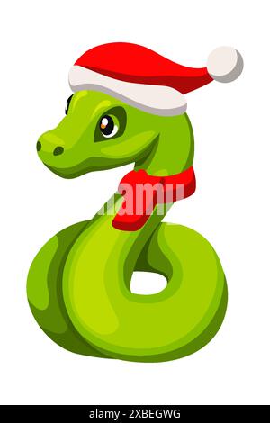 Cute green snake wearing Santa hat Stock Vector