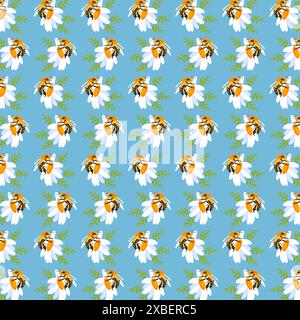 Summer background daisy bee Blue seamless pattern spring white meadow flower green leaves ornament wrapping fabric wallpaper chintz cambric muslin mosaic Stock Vector