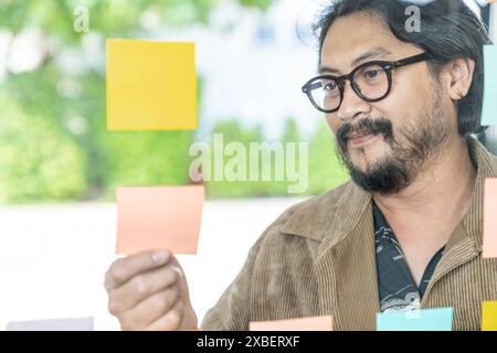 A young businessman is writing down ideas on sticky notes on the wall Stock Photo