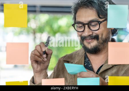 A young businessman is writing down ideas on sticky notes on the wall Stock Photo
