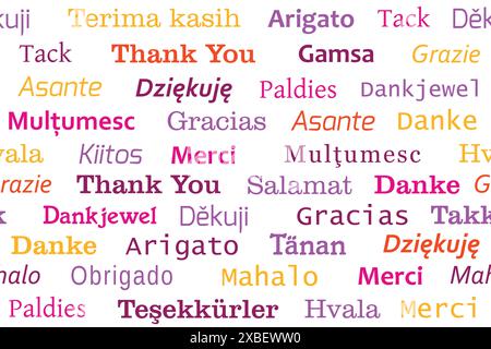Thank you languages colorful seamless pattern. Thank you phrase international design. Stock Vector