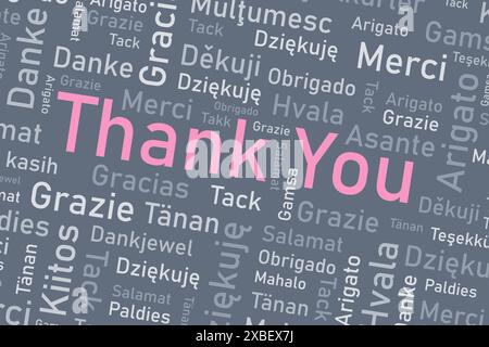 Thank you phrase in many languages. Different international language thank you word collage. Stock Vector
