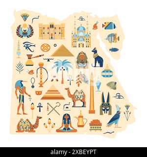 Egyptian Symbols and Landmarks on Map of Egypt Stock Vector