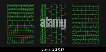 Abstract wireframes, cyberpunk elements and perspective green grids and spheres. Surreal geometric retro futuristic set. Psychedelic y2k shapes. Rave Stock Vector