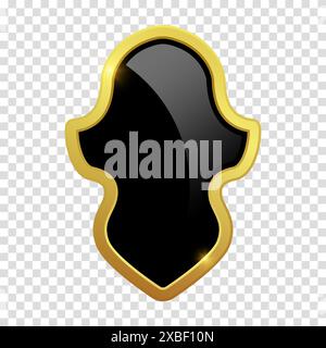 Black shield with glossy bright golden frame. VIP luxury logo design element. Vector clipart illustration. Transparent background. Stock Vector