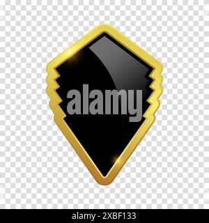 Black shield with glossy bright golden frame. Vector clipart illustration. Transparent background. VIP luxury logo design element. Stock Vector
