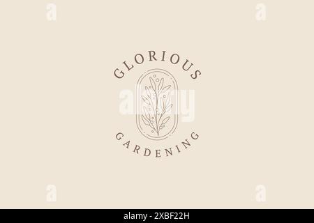 Minimalist organic wild plant branch with leaves and stem in vintage geometric frame logo vector illustration. Monochrome tropical twig natural ecolog Stock Vector