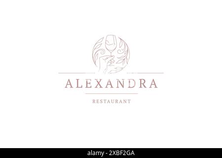 Human hand holding wine goblet at circle botanical frame expensive minimalist line art logo vector illustration. Arm with cocktail glass at rounded sp Stock Vector