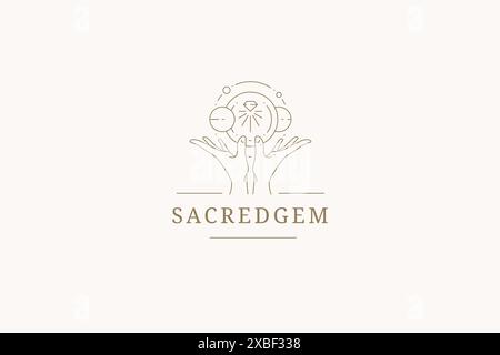 Open human hands holding space galaxy planet bright gem brilliant monochrome design line logo vector illustration. Arms with spiritual cosmos universe Stock Vector