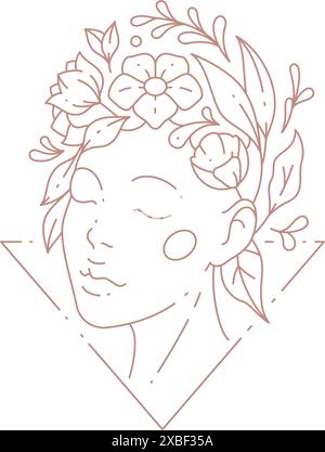 Linear simple logo beauty woman head with flower wreath at triangle geometric frame vector illustration. Monochrome icon fashion art deco female with Stock Vector