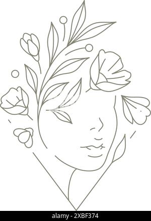 Abstract woman face with floral botanic on head at triangle frame beauty salon logo vector illustration. Female portrait flower hairstyle simple emble Stock Vector