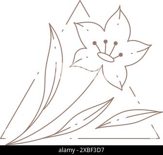 Simple romantic linear natural flower with petals, stem and leaves triangle decorative frame logo vector illustration. Monochrome elegant floral emble Stock Vector