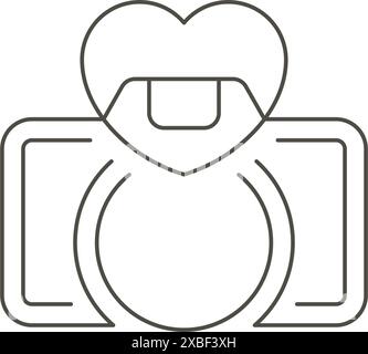 Linear simple elegant photo camera with heart shape label vector illustration. Monochrome logo modern romantic electronic device with lens and shutter Stock Vector