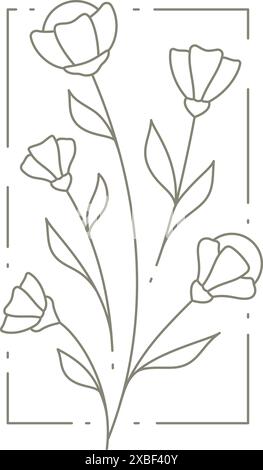 Abstract rectangle frame hand drawn buttercup, stem, leaves for romantic decor design monochrome vector illustration. Elegant floral bouquet border fo Stock Vector