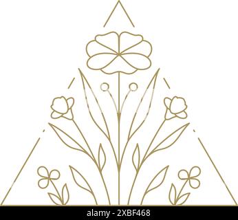 Romantic monochrome logo wildflowers in triangle frame vector illustration. Elegant summer flower bouquet simple label isolated on white. Natural bota Stock Vector