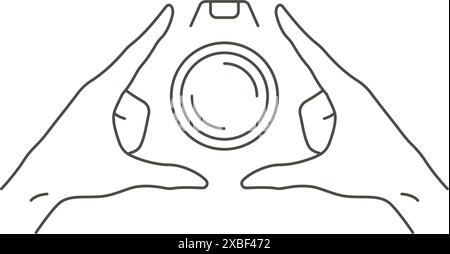 Monochrome logo human hands frame with photo video camera course school studio vector illustration. Line art simple icon emblem for professional photo Stock Vector