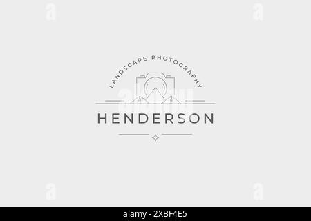Minimalist photo video camera lens with natural mountain landscape decorative design line art logo vector illustration. Monochrome photographer travel Stock Vector