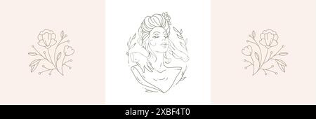 Minimalist elegant flower and blossom woman head at triangle circle frame card set vector illustration. Monochrome icon for wedding invitation postcar Stock Vector