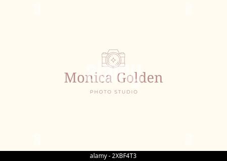 Monochrome simple line art camera photo video shooting logo template with place for text vector illustration. Linear emblem professional photographing Stock Vector