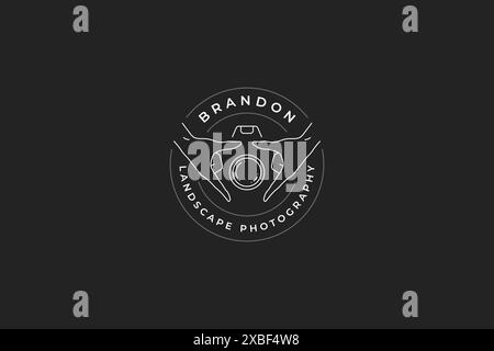 Minimalist human hands holding camera lens shutter circle line art logo with place for text vector illustration. Monochrome fashion photographer schoo Stock Vector