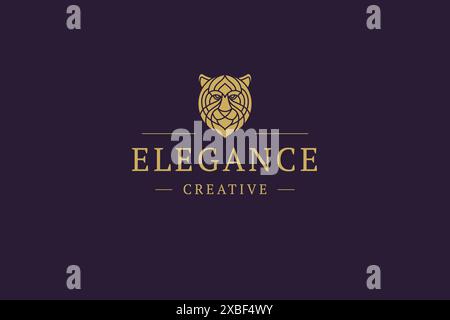 Golden antique wild tiger muzzle contoured minimalist logo with place for text vector illustration. Mythic carnivorous danger animal nature power embl Stock Vector