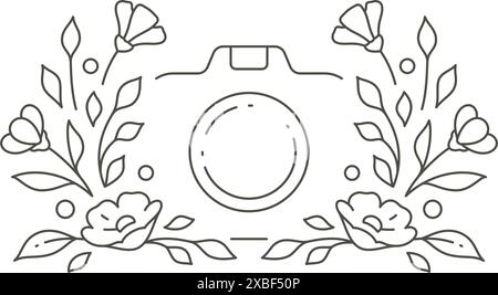 Linear feminine fashion photo camera for multimedia content create with botanical blossom vector illustration. Line art simple logo women wedding phot Stock Vector