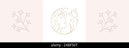 Elegant romantic simple pastel logo set woman with spring tulip flower at circle frame and cranberry, lingonberry card vector illustration. Feminine s Stock Vector