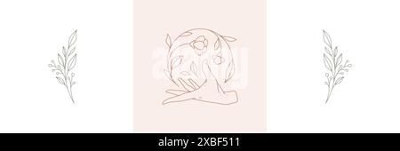Minimalist contour human hand circled botanical stem with leaves decorated by natural tropical twig set vector illustration. Monochrome simple elegant Stock Vector